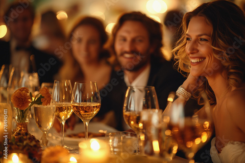 A woman is smiling at a dinner table with other people