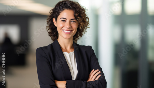 Young confident hispanic latino business woman smiling in corporate background with copy space. Success, career, leadership, professional, diversity in a workplace concept