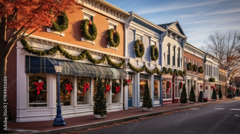 A charming small town decorated for the holidays, with storefronts adorned with wreaths and garlands.