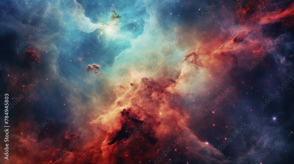 Fototapeta premium close-up of a colorful nebula, with swirling clouds of gas and dust illuminated by the light of nearby stars.