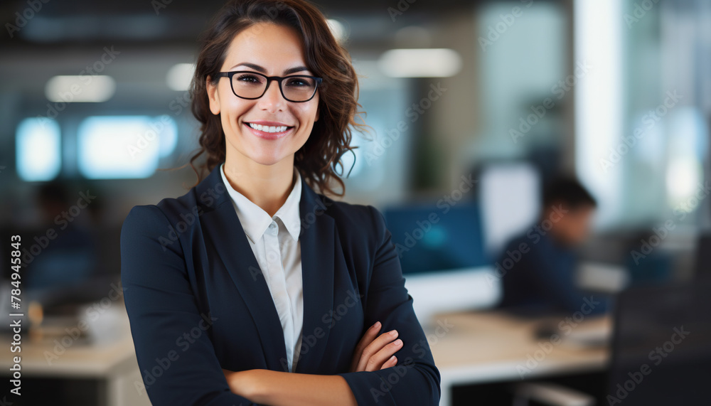 Young confident caucasian white business woman smiling in corporate background with copy space. Success, career, leadership, professional, girl boss in a workplace concept Young confident caucasian white business woman smiling in corporate background with copy space. Success, career, leadership, professional, girl boss in a workplace concept