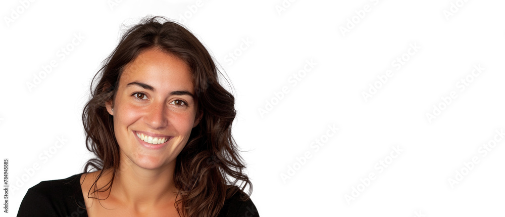 Young hispanic latino woman with dark brunette curly hair smiling with copy space. Happiness, white teeth, smooth skin tone, natural beauty, joyful positive concept Young hispanic latino woman with dark brunette curly hair smiling with copy space. Happiness, white teeth, smooth skin tone, natural beauty, joyful positive concept