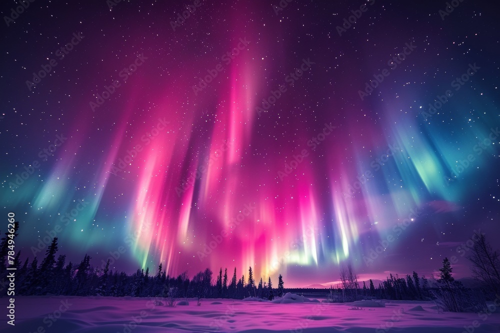 The sky is filled with a beautiful display of auroras, creating a serene