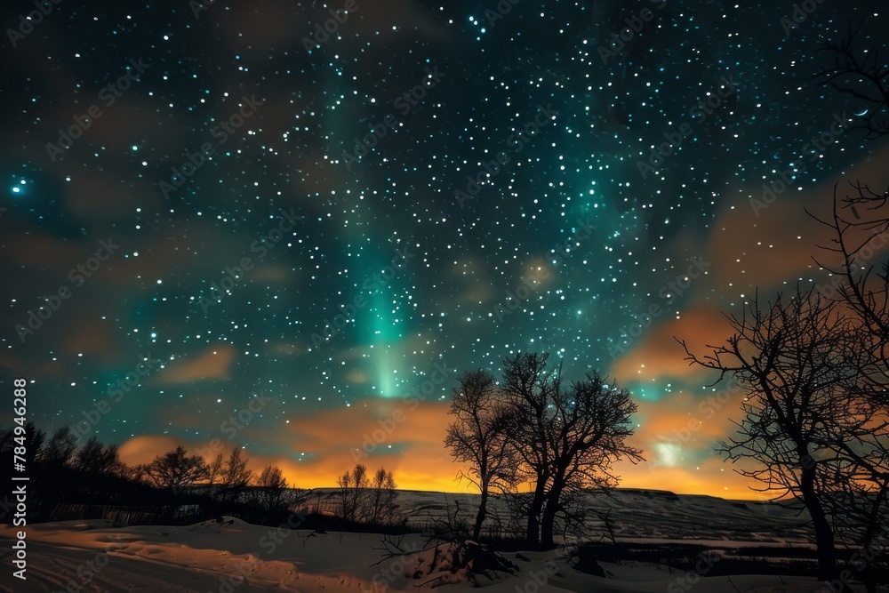 The sky is filled with stars and the trees are silhouetted against the sky The sky is filled with stars and the trees are silhouetted against the sky