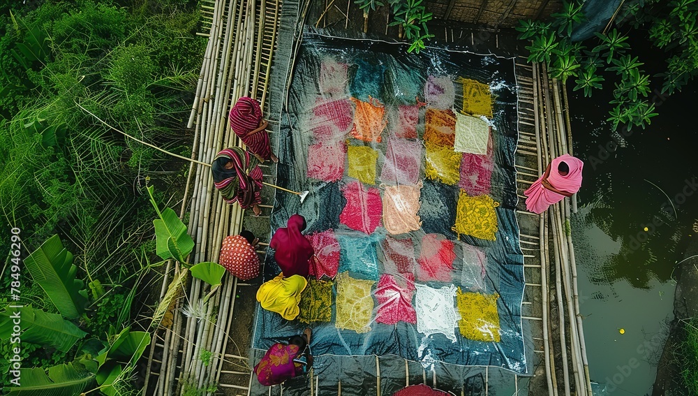 Fototapeta premium Aerial view of Women at work on the preparation of natural fabric, Barga, Rajshahi, Bangladesh