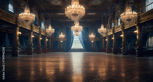 A large ballroom with chandeliers photo