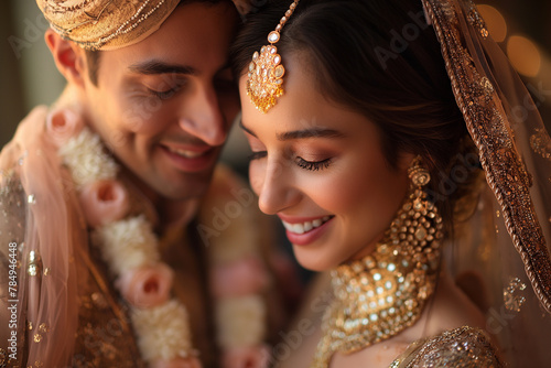 A bride and groom are smiling at the camera