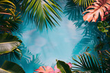 tropical scene with palm leaves and flowers