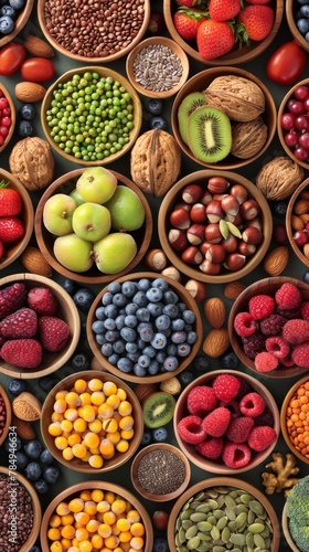 Assorted superfoods on a solid colored background. A variety of superfoods in small bowls, surrounded by fresh fruits, nuts, and vegetables, highlighting a healthy lifestyle