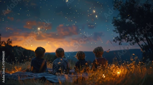 A group of children are sitting on a blanket in a field  looking up at the stars