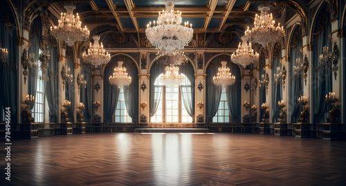 A large ballroom with chandeliers