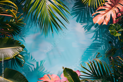 tropical scene with palm leaves and flowers