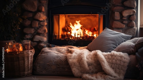 A cozy fireplace with crackling flames  surrounded by plush cushions and blankets 