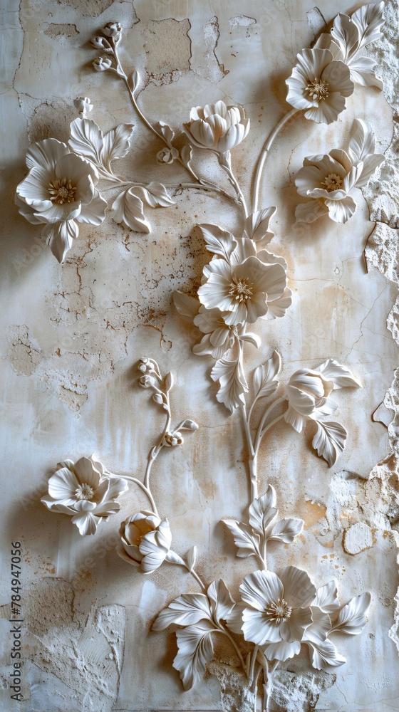 A wall adorned with light decorative plaster and embossed flowers a dance of texture and form A wall adorned with light decorative plaster and embossed flowers a dance of texture and form