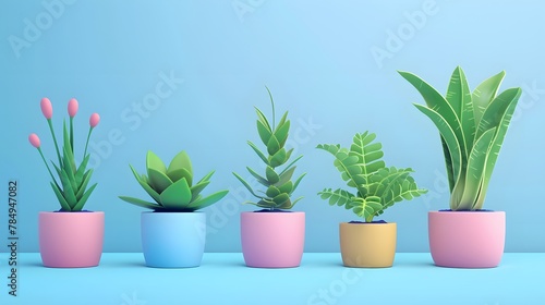 An array of indoor plants in vibrant pink, blue, and yellow pots, standing out against a gradient blue background for a lively display.