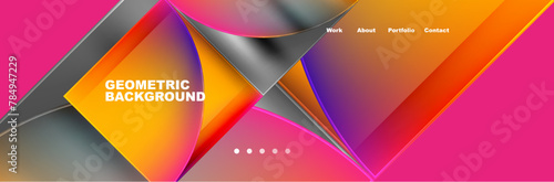 Colorfulness and fluidity collide in a vibrant geometric design with squares and circles on a pink background, accented with orange, violet, and magenta triangles