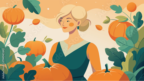 Amidst a sea of sprawling vines and lush leaves the contented lady plucks bright orange pumpkins from her garden a satisfied grin spreading