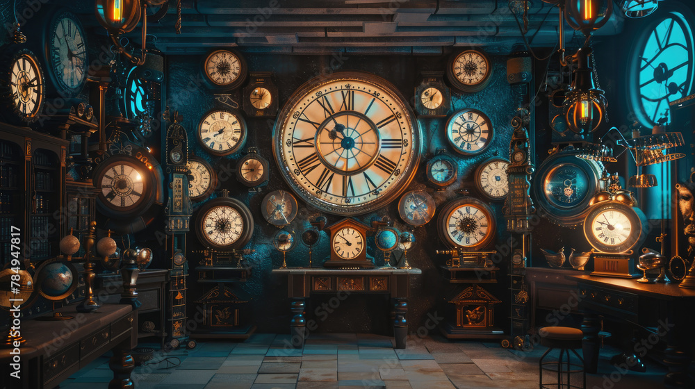 Amidst a collection of mystical clocks, time bends to unveil the secrets of bygone eras As each second ticks, the essence of various civilizations is vividly portrayed 3D Render, Rembrandt Lighting