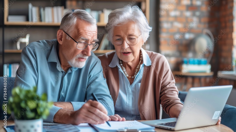 Aged Caucasian Couple Working on Laptop in Modern Home Office Aged Caucasian Couple Working on Laptop in Modern Home Office