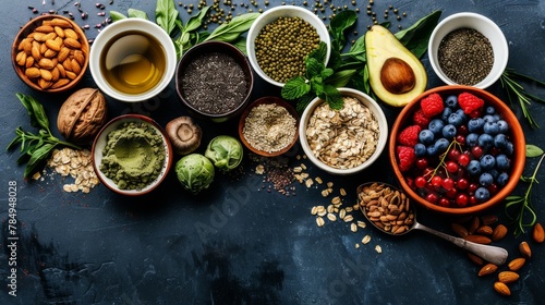 Assorted superfoods on a solid colored background. A variety of superfoods in small bowls  surrounded by fresh fruits  nuts  and vegetables  highlighting a healthy lifestyle