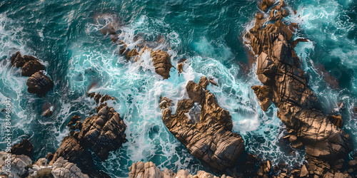 Aerial view of sea waves crashing on the rocks. Beautiful seascape