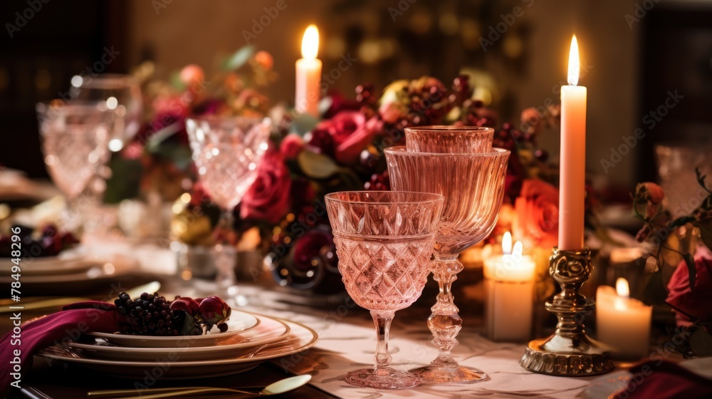 glamorous birthday dinner setup with elegant table settings, floral centerpieces, 