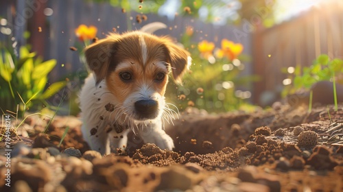 Cheerful puppy digging a hole in a sunny backyard dirt flying everywhere tail wagging wildly photo