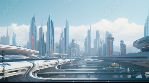 futuristic cityscape with sleek skyscrapers  flying cars  and advanced technology integrated into the urban environment.