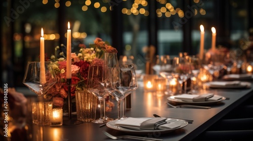 glamorous birthday dinner setup with elegant table settings, floral centerpieces,  photo