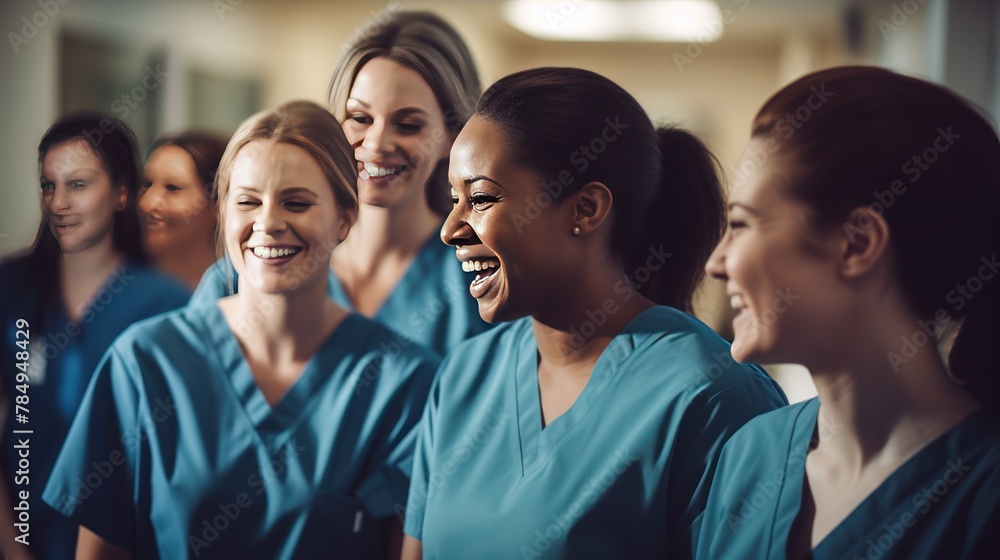 Obraz premium A group of smiling nurses providing attentive care to patients in a bustling hospital ward.