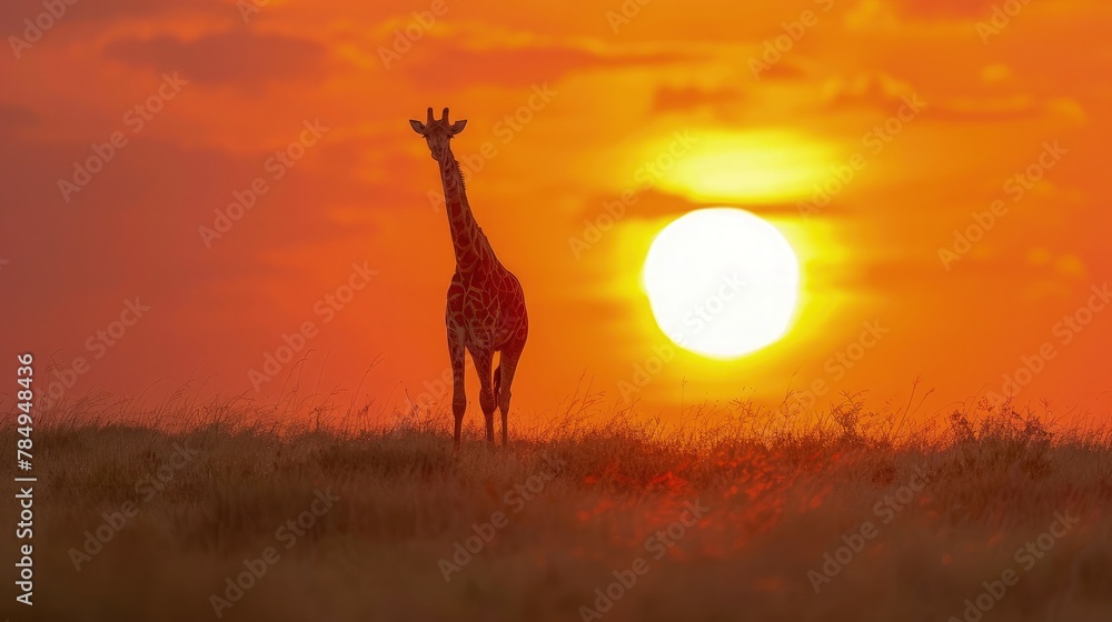 Masai Giraffe Grazing on Savanna Plains, Its Elegant Silhouette Towering Against the Golden Horizon. Masai Giraffe Grazing on Savanna Plains, Its Elegant Silhouette Towering Against the Golden Horizon.