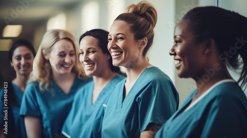 A group of smiling nurses providing attentive care to patients in a bustling hospital ward.