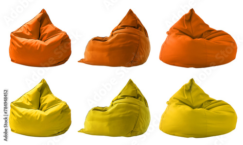 2 Collection set of yellow orange mustard plain beanbag bean bag seat chair, front side view on transparent cutout, PNG file. Many angle. Mockup template for design