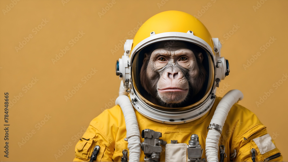 Obraz premium Portrait of space suit wearing ape on yellow background