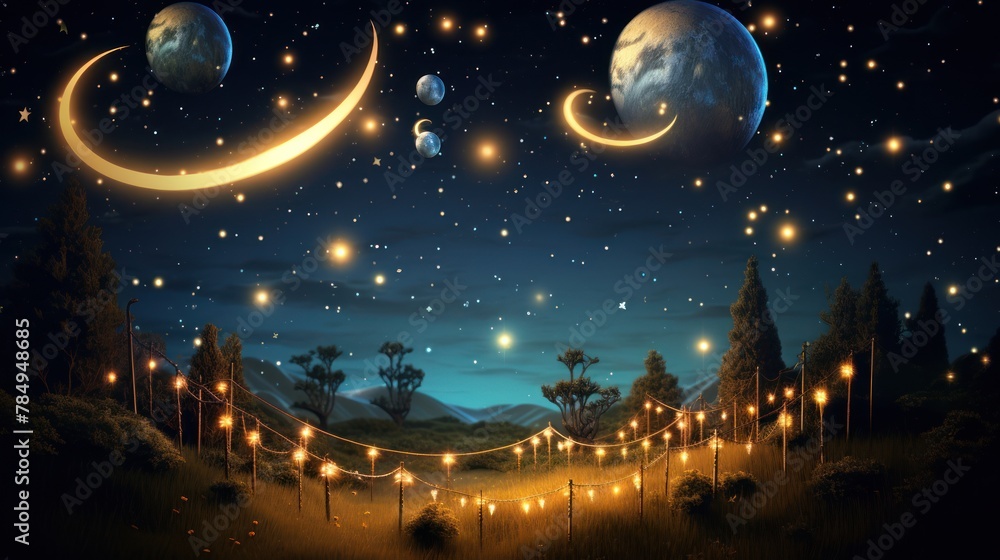 magical scene featuring a starry night sky and a crescent moon, with twinkling lights spelling out magical scene featuring a starry night sky and a crescent moon, with twinkling lights spelling out