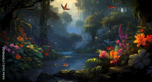 rainforest with exotic birds and flowers