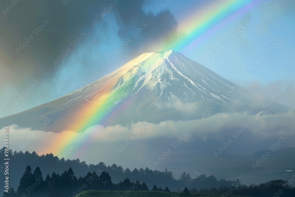 Mount fuji with big colorful rainbow, beautiful scenery