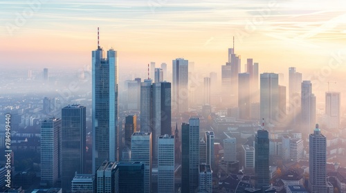 city skyline with skyscrapers housing financial institutions and stock exchanges, symbolizing the global economy.