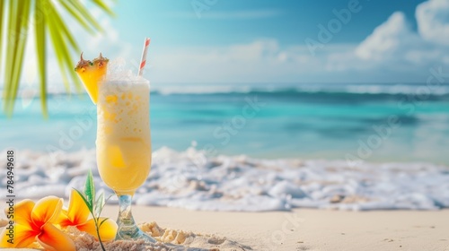Beach background, colada cocktail copy space