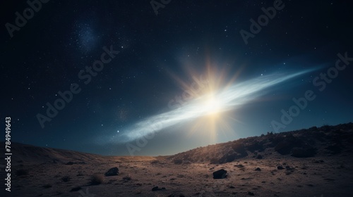 a comet streaking through the sky, leaving a trail of glowing dust in its wake as it travels through the cosmos.