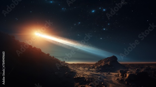 a comet streaking through the sky, leaving a trail of glowing dust in its wake as it travels through the cosmos.