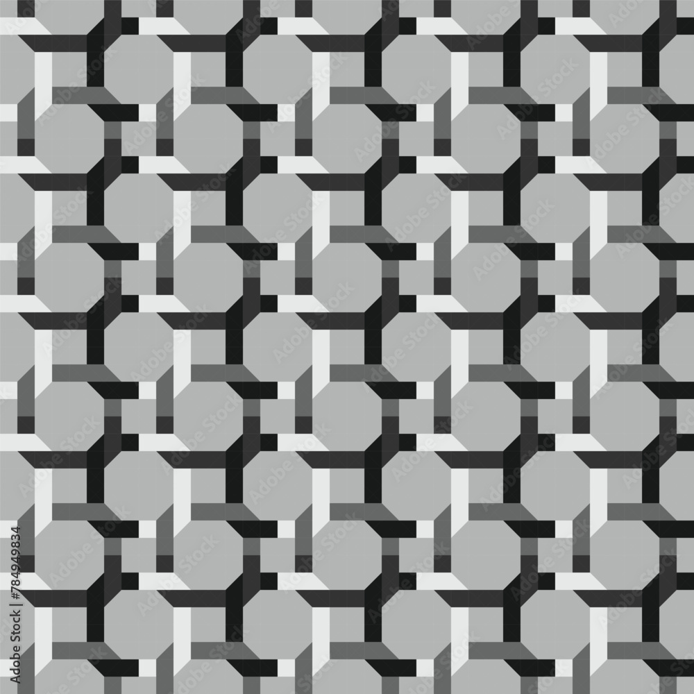 A black and white geometric pattern consisting of lines, circles, rectangles, and meshes displayed symmetrically on a white background A black and white geometric pattern consisting of lines, circles, rectangles, and meshes displayed symmetrically on a white background