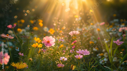 Brilliant sun rays illuminating a field of blooming flowers,  the arrival of spring.