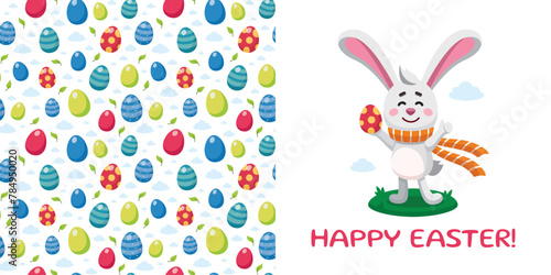 Postcard template with Easter rabbit holding Ester egg showing thumbs up. Vector illustration of bunny and seamless pattern with Easter eggs. Happy Easter concept. Cartoon style