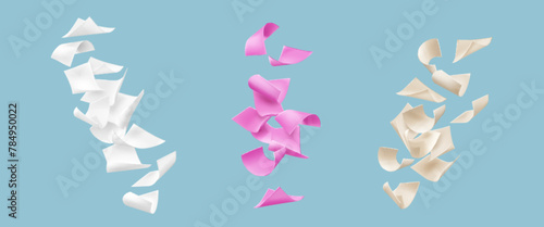 Paper pile fly in air. Realistic 3d vector illustration set of white, pink and craft beige page sheets floating with wind blow. Falling down curved documents or empty note. Flying a4 letter page.