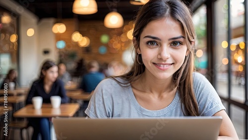 Young Woman Working on Laptop in a Busy Cafe