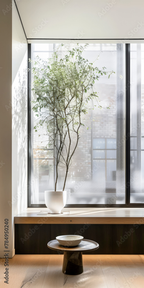 Fototapeta premium Modern interiors with natural light coming in from windows. Minimalist composition.