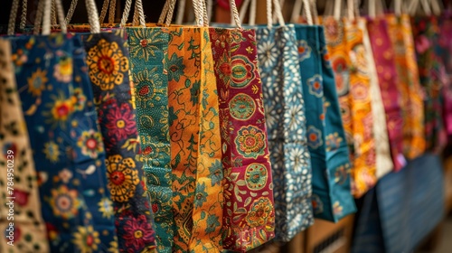 Eco friendly reusable shopping bags at a mall stand colorful patterns sustainability theme © Sara_P