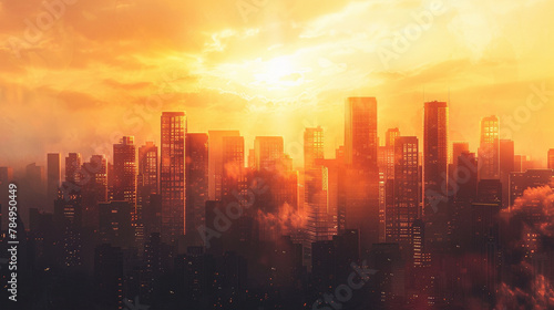 Glowing sun setting behind city skyscrapers