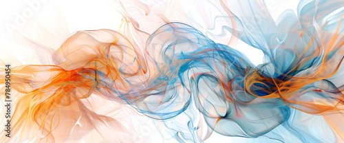 Experience the soothing harmony of colors with this AI-generated image. Graceful tendrils of pastel orange and gentle blue intertwine on a white backdrop, 